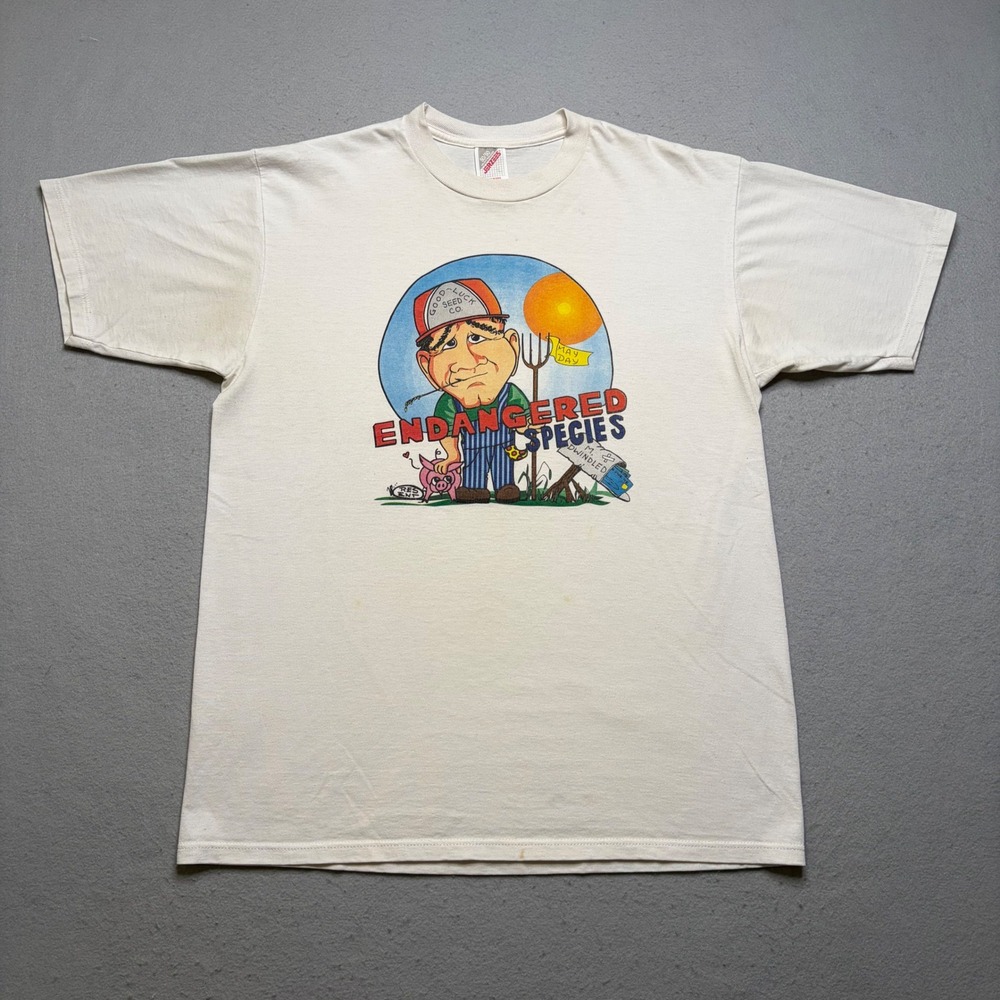 Jerzees T-Shirt Mens Large White Endangered Species Farmer Vintage 90s USA Made‎